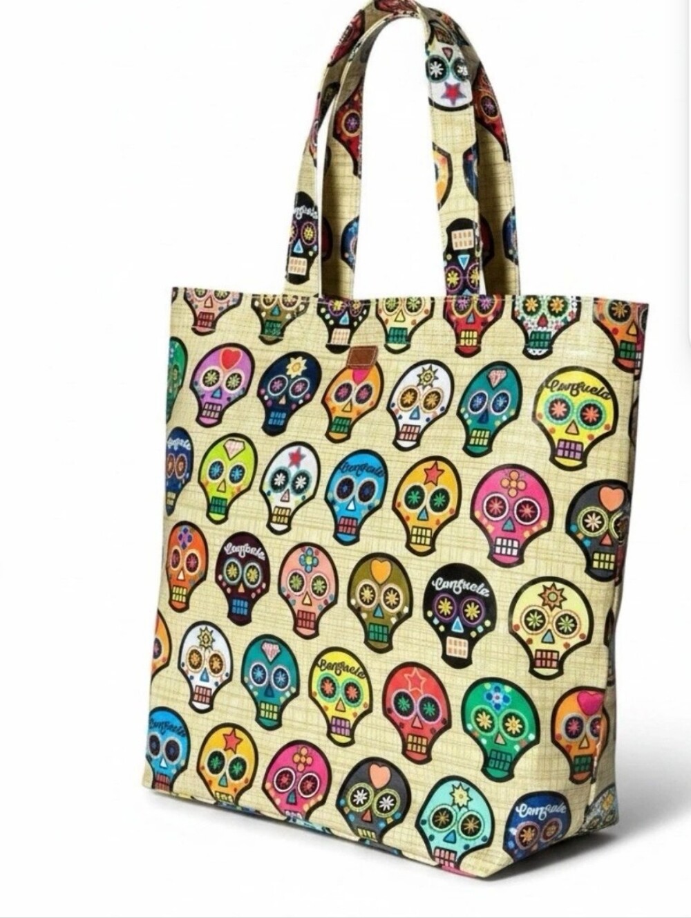 Consuela Beige Canvas Tote with Multicolor Sugar Skulls X-Large